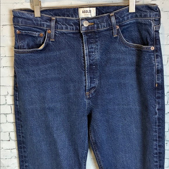 Agolde Riley Long High Rise Straight Leg Jeans Dark Blue Wash Size 31 Luxury - Picture 9 of 16